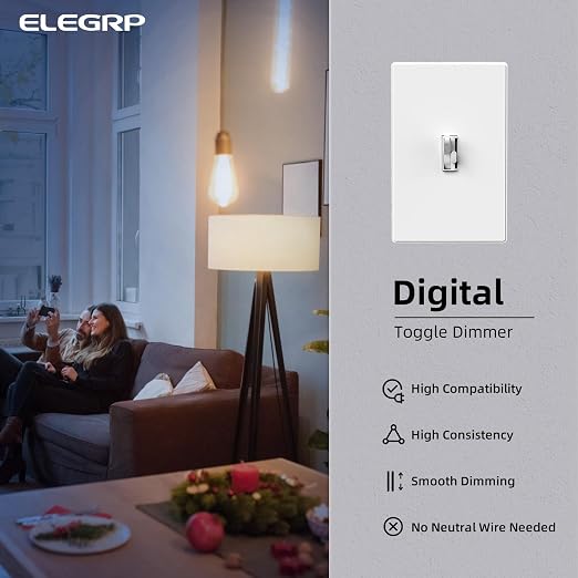 ELEGRP Digital Dimmer Switch for LED/CFL, Toggle Dimmer Switch with Decorative Frameless Design Wallplate, Single Pole/3-Way, UL Listed, 1 Pack, White