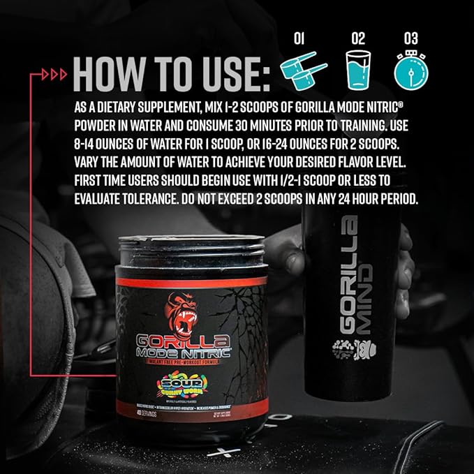 Gorilla Mode Nitric アップグレード版 ノンカフェインプレワークアウト – 最高の味と効果のカフェインフリープレワークアウト／パンプ感・血管拡張・パワーを増強／776g（チェリーブラックアウト）