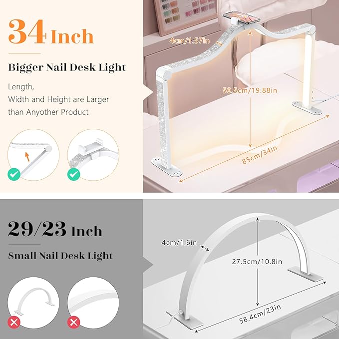 Yokilly Arc Half Moon Light: 34" Shadow-Free Half Moon Light for Desk Salon - Foldable LED Desk Lamp with Stepless Brightness for Manicurist (White)