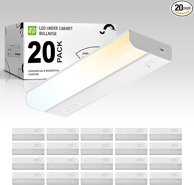 ASD LED Under Cabinet Lighting Hardwired, 9 Inch 4W 2700K-5000K Selectable, 337LM, CRI90+, Direct Wire Linkable Under Counter Lights for Kitchen, Dimmable Under Cabinet Lights, White, UL, 20 Pack