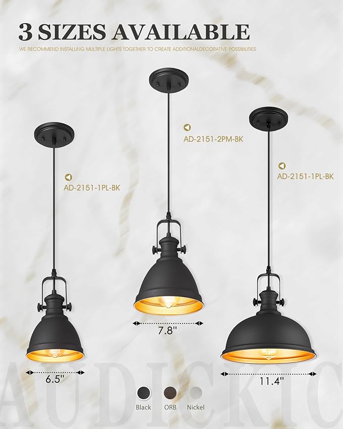 2-Pack Pendant Lights Kitchen Island, 8" Black Hanging Lights Fixtures with Metal Shade, Farmhouse Rustic Kitchen Pendant Lighting Over Island for Dining Room, AD-2151-2PM-BK