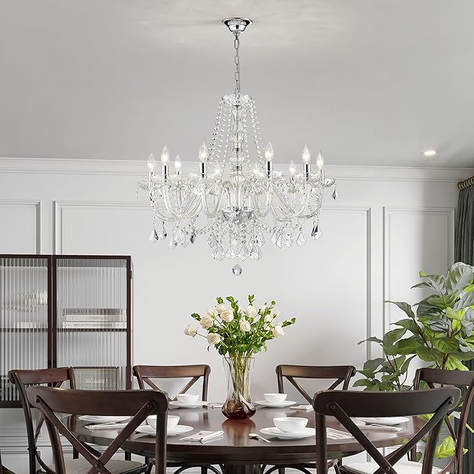 Large Crystal Chandelier, Modern Chrome Crystal Chandeliers for Dining Room Light Fixture, 10-Lights Large Pendant Light Fixtures Luxury Chandelier for Living Room Bedroom Foyer Entryway D26.8''