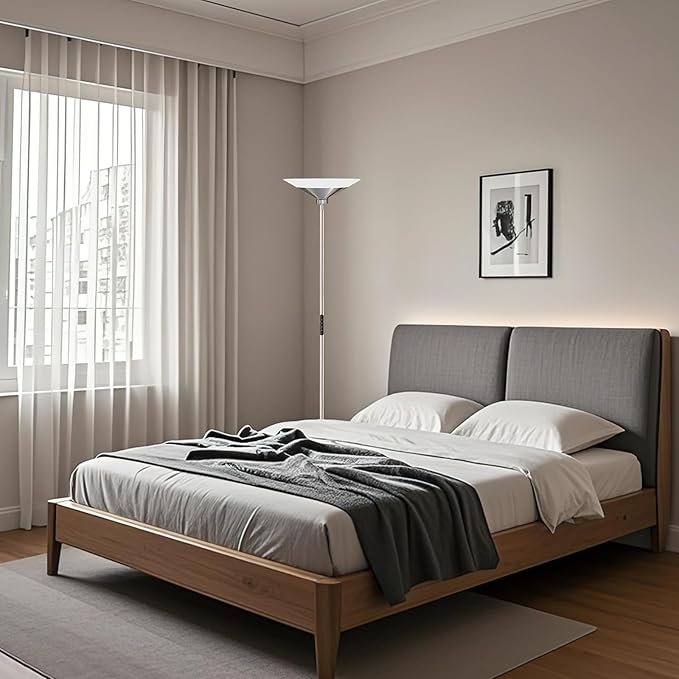 SIBRILLE Metallic Silver Torchiere Floor Lamp - 30W Dimmable LED Standing Lamp with Remote/Button Control, 1800Lm, 3000-6500K, 72in Tall Bright Pole Light for Living Room Bedroom Office Corner