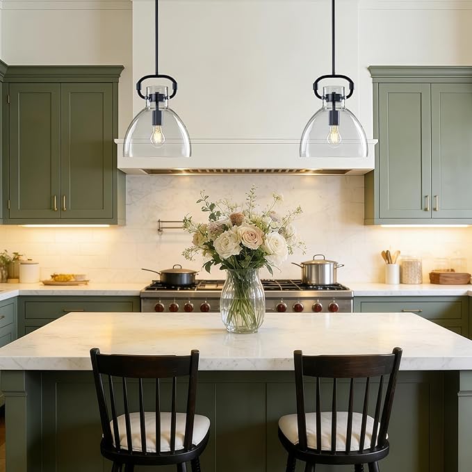 9.8'' Farmhouse Glass Pendant Lights Kitchen Island, 1-Light Modern Black Kitchen Island Lighting, Pendant Light Fixtures for Dining Room Bedroom Over Table, E26