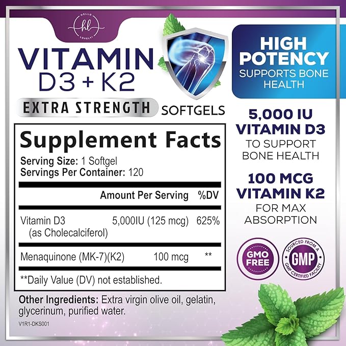 Vitamin D3 K2 5000 IU Plus with K2 (MK-7) 100 mcg - Vitamins D & K Complex Supplement for Bone, Teeth, Muscle, Calcium Absorption, Supports Immune & Heart Health, Non-GMO, Oil Formula - 120 Softgels