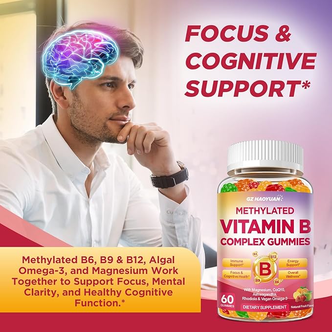 Methylated Vitamin B Complex Gummies for Women & Men with Vitamin B1, B2, B3, B5, B6, B7, B9, B12 & Magnesium, Omega-3, CoQ10, Supports Brain Health, Energy, Immune, Sugar Free, Fruit Flavor, 120ct