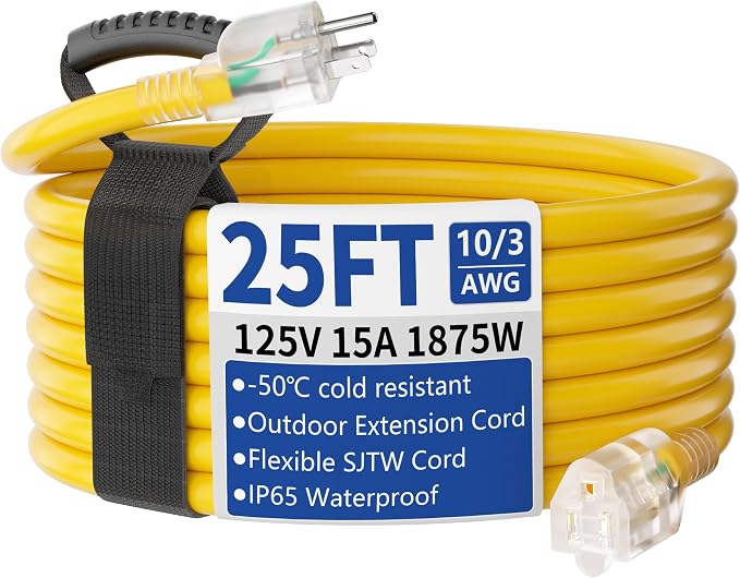 25ft Outdoor/Indoor Extension Cord with Lighted 10/3 Gauge Ultra 3 Prong Heavy Duty SJTW, Waterproof, Flexible Cold-Resistant,15A 125V 1875W, Yellow