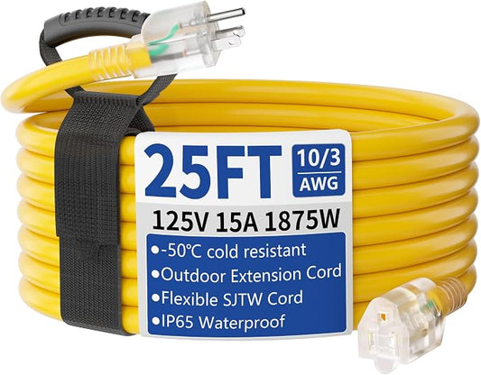25ft Outdoor/Indoor Extension Cord with Lighted 10/3 Gauge Ultra 3 Prong Heavy Duty SJTW, Waterproof, Flexible Cold-Resistant,15A 125V 1875W, Yellow