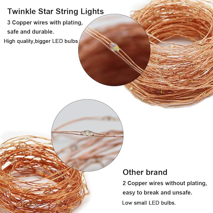 Twinkle Star 200 LED 66 FT Copper Fairy String Lights 8 Modes LED, USB Powered with Remote Control for Christmas Tree Wedding Party Home Decoration, Warm White