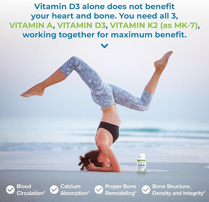 Power By Naturals Complément de Vitamines ADK – Mélange Hautement Dosé de Vitamines A, D3 5000 UI et K2 MK7 pour la Santé Osseuse – Complément de Vitamines A D K – 60 Gélules (2 Mois d'Approvisionnement)