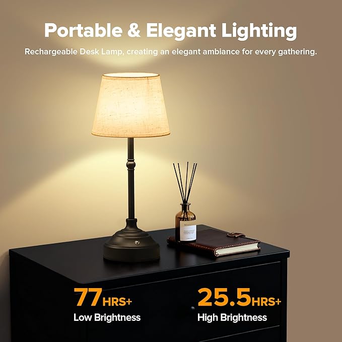 Cordless Table Lamp, Rechargeable Desk Lamp with Fabric Shade, Battery Operated Lamp 3 Color Stepless Dimming, Portable Small Touch Bedside Lamp Home Decor for Dining, Counter (Matte Black)