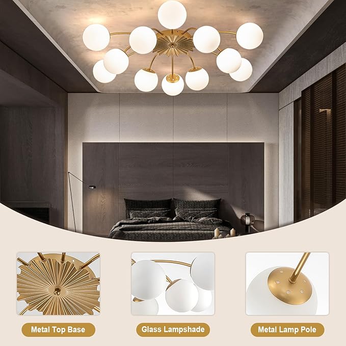 12-Light Milk Glass Pendant Light, 40" Sputnik Bubble Glass Chandelier Light Fixture, Hand Blown Semi Flush Mount Ceiling Chandeliers Lighting for Dining Room, Living Room (Gold, 12-Light Ceiling)