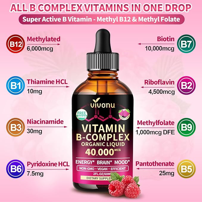VivoNu Vitamin B Complex Liquid Drops, Methylated Vitamin B12 6000 mcg, B1, B6, B3, B5, B2, Folate, Biotin with Vitamin C D A E, Magnesium, Zinc, CoQ10 for Energy (4 Bottle)