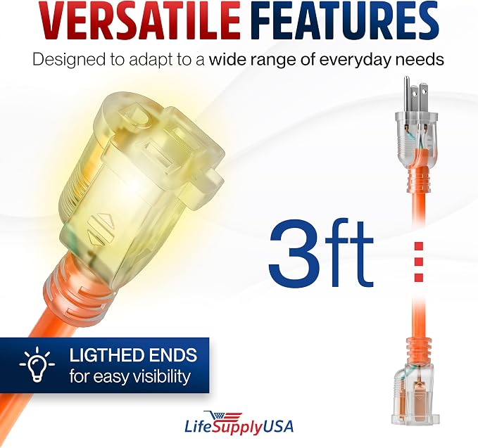 3ft Outdoor/Indoor Extension Cord 16/3 Gauge Heavy Duty 3 Prong SJTW, Waterproof, Flexible Cold-Resistant Long Power Cord,13A 125V 1625W, Orange by LifeSupplyUSA