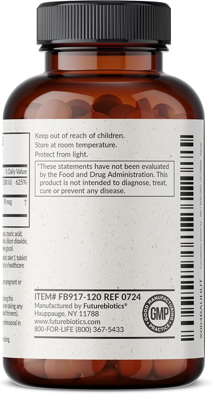 Futurebiotics Vitamine K2 avec D3, Soutien 2 en 1, 5000 UI Vitamine D3 et 90 mcg Vitamine K2 MK-7 Sans OGM, 120 Comprimés