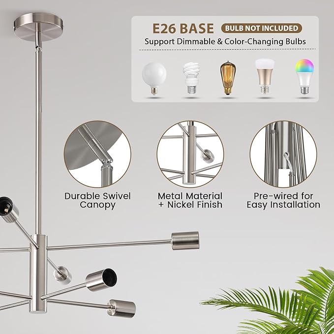 KAISITE Modern Chandelier Ceiling Light Fixture Brushed Nickel Sputnik Chandeliers for Bedroom Living Room 8-Light Height Adjustable Dining Room Farmhouse Chandelier Over Table Hanging Kitchen Light