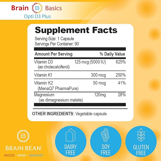 Brain Basic Opti D3 Plus - Vitamine D3 5000 UI avec K1, K2 et Magnésium - Supplément de Soutien Cérébral pour l'Humeur, l'Esprit, la Mémoire - Santé des Os, des Muscles et du Système Immunitaire - Sans Gluten, Sans Soja et Sans Produits Laitiers
