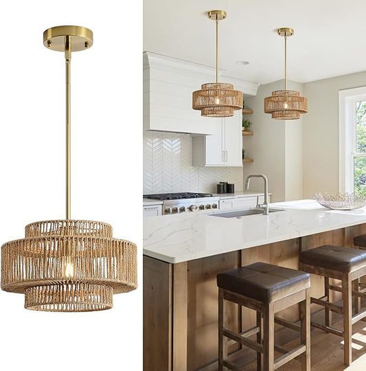 12.4” Boho Rattan Chandelier for Dining Room, 1-Light Hand Woven Farmhouse Pendant Light Fixture, Coastal Wicker Hanging Ceiling Light for Kitchen Island Living Room Bedroom Entryway Foyer