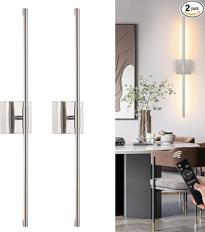 Morauroral Battery Operated Wall Sconces Set of 2, Dimmable Battery Wall Sconce with Remote Control, Sand-Nickel LED Rechargeable Sconces, 30 Inch Modern Wireless Wall Lights for Bedroom, Living Room