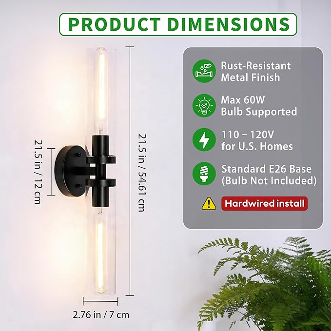 Wall Sconces Set of 2, Hardwired Bathroom Light Fixtures, Modern Bathroom Vanity Wall Lighting with Clear Glass Shade, Farmhouse Wall Sconce for Mirror Bedroom Hallway, Matte Black, E26 Base