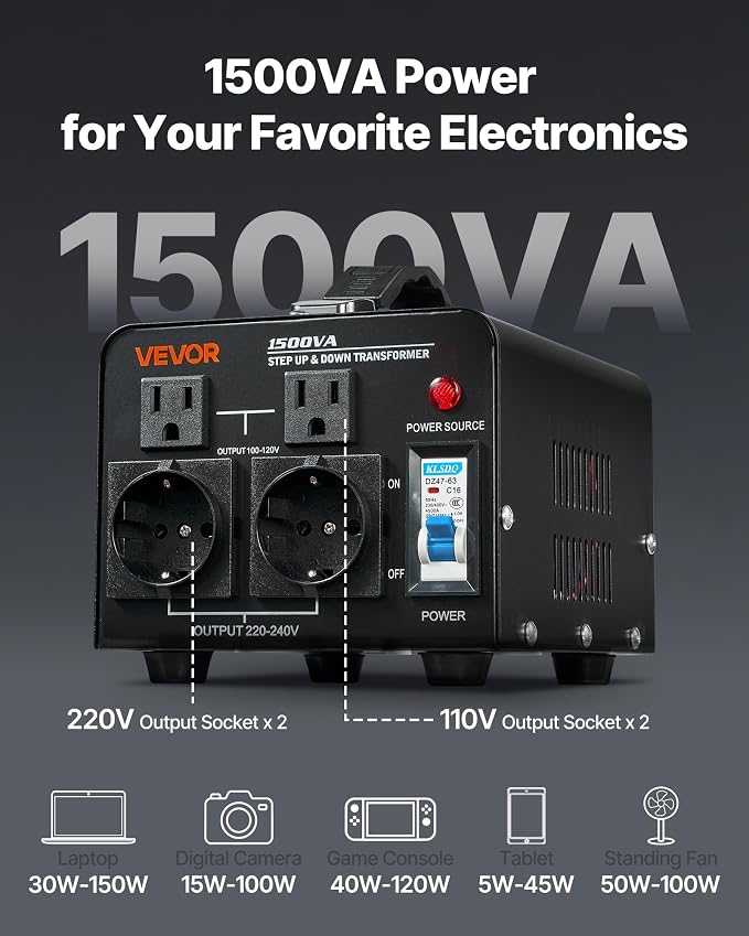 VEVOR Voltage Converter Transformer, 1500VA, Heavy Duty Step Up/Down Power Transformer, Convert from 110V to 220V and 220V to 110V, with EU Outlets, US Outlets, Power Cord, Circuit Breaker Protection
