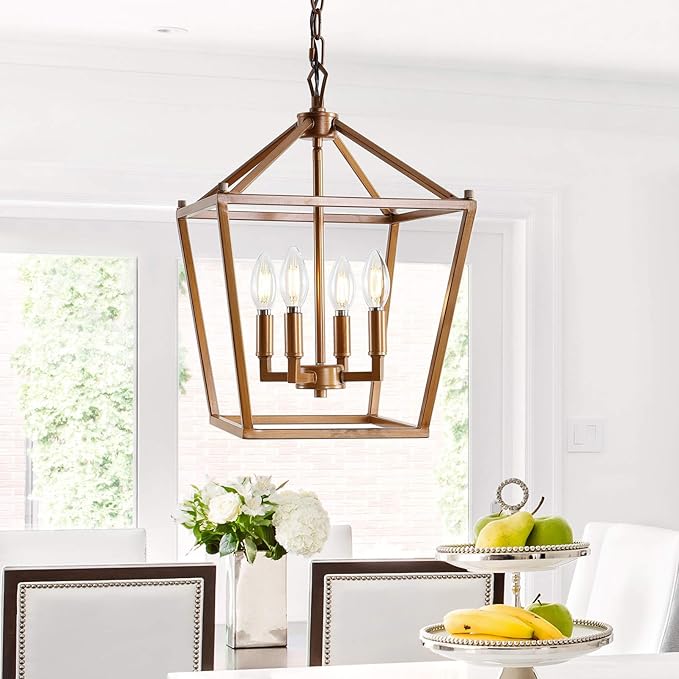 JONATHAN Y 12" Antique Gold Lantern Pendant Light, 4-Light Pagoda Style Metal Cage Farmhouse Hanging Ceiling Fixture for Kitchen Island, LED Bulb Included (JYL7436B)