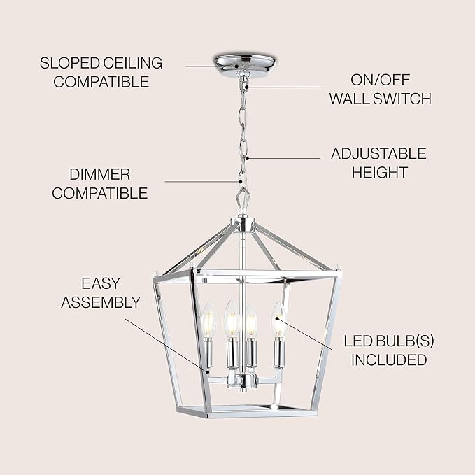 JONATHAN Y 12" Chrome Lantern Pendant Light, 1-Light Pagoda Style Metal Cage Farmhouse Hanging Ceiling Fixture for Kitchen Island, LED Bulb Included (JYL7436C)