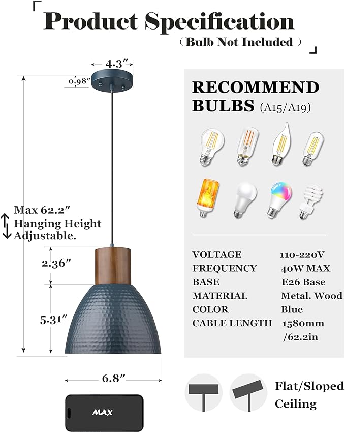 ELYONA Hammered Pendant Lights for Kitchen Island, 7” Small Solid Wood Hanging Light Fixtures, Adjustable Height Industrial Metal Pendant Light Fixtures for Bar Dining Room Bedroom Office, Modern Blue