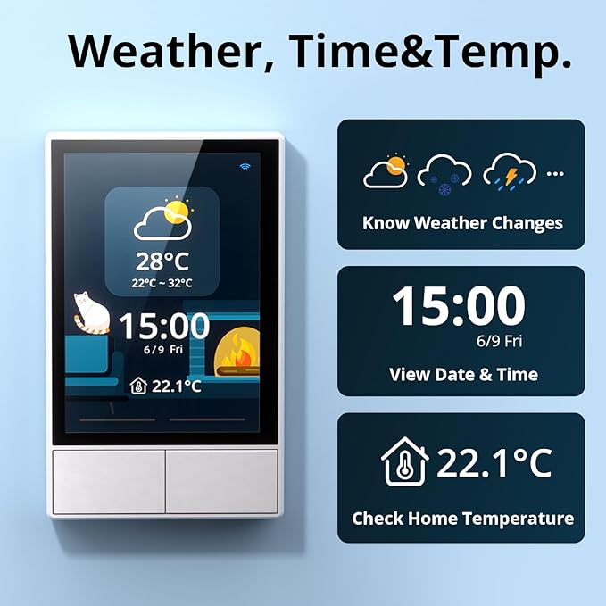SONOFF Smart Switch, 2-Switch Panel Home Control, WiFi Smart Scene Wall Switch with Touchscreen, Smart Temperature Function, Lights Control, Compatible with Alexa and Google Home (1, White)