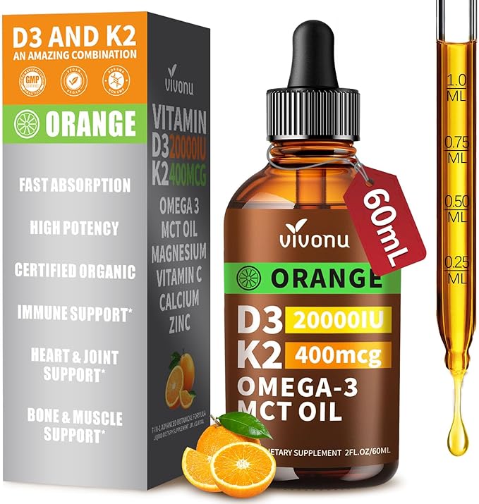 Gouttes de Vitamine D3 K2 VivoNu, D3 20000 UI et K2 sous forme de MK-7 400mcg avec Magnésium, Calcium, Zinc et Oméga 3 pour la Santé Immunitaire*, l'Humeur*, les Os*, Complément Liquide de Vitamine D Saveur Orange, Sans OGM (1)