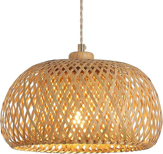 Bamboo Pendant Light Fixture One-Light Adjustable Boho Basket Handmade Woven Pendant Lighting for Kitchen Island Sink Farmhouse Dining Room