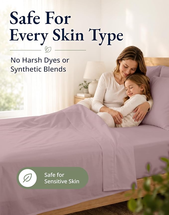 LANE LINEN King Fitted Sheet, 100% Organic Cotton, 3-Piece Set (1 Fitted Sheet,2 Pillowcases), Percale Weave, Ultra Soft, Breathable,Fits Mattress Upto 15" Deep - Lilac (No Flat Sheet)
