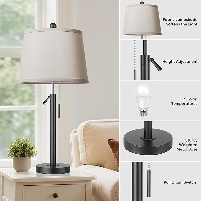 PARTPHONER Bedside Table Lamps Set of 2, Tall Black Table Lamps for Living Room, Height Adjustable Nightstand Lamps for Bedroom, Modern Lamps with Pull Chain for End Table Office(LED Bulbs Included)