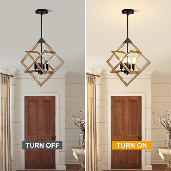Modern Chandelier for Dining Room (18",4-Light), No Assembly Required Wood Grain Dining Room Light Fixture Over Table, Industrial Hanging Pendant Lights Fixture for Kitchen Island, Entryway, Foyer
