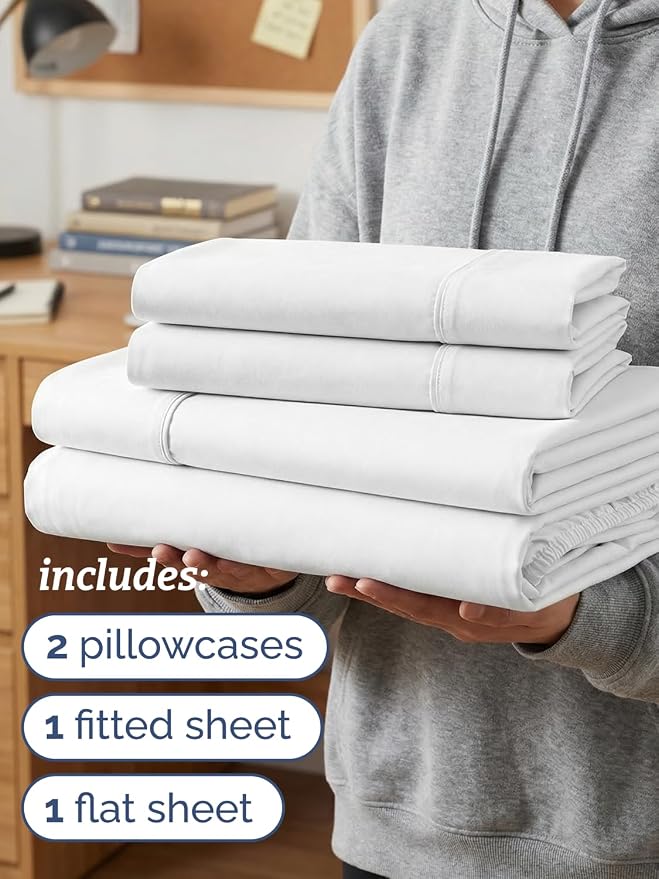 Twin XL 4 Piece Sheet Set - Comfy Breathable & Cooling - Ultra Soft Hotel Luxury Bedding Set w/ 8-16 Inch Deep Pockets - 1 Flat & 1 Fitted Sheet & 2 Pillowcases - Wrinkle Free and Easy Care - White