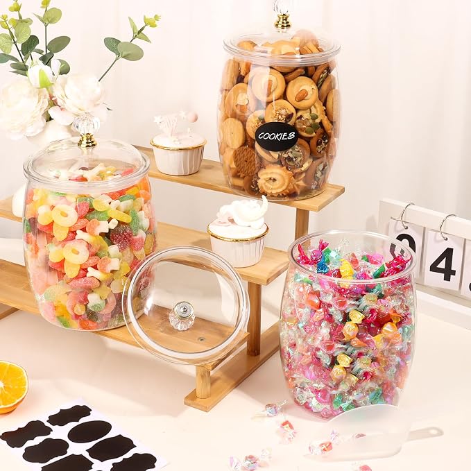 mwellewm 4 Pcs Candy Jars With Lids&Spoons 1/2 Gallon Clear Plastic Cookie Container Large Airtight Apothecary Storage Organization Hard Snack Buffet Canister for Wedding Home Kitchen Bar Decoration