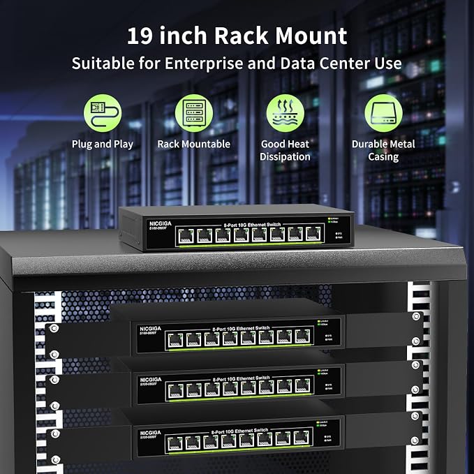 8 Port 10G Ethernet Switch Unmanaged,with 8X 10Gb Base-T Ports, NICGIGA 10Gbps Network Switch Easy for 10G NAS,PC,WiFi7 Router,10G Adapter/NIC. Desktop or 19-inch Rack Mount, Plug and Play.