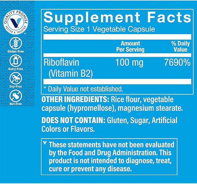 The Vitamin Shoppe Riboflavine Vitamine B2 100mg - Production d'énergie et métabolisme | Soutien du système nerveux | 100 gélules | Vitamine B essentielle