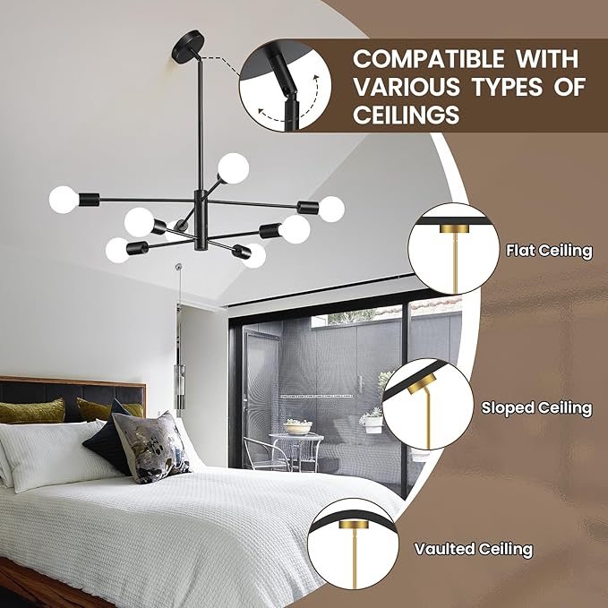 KAISITE Modern Chandelier Sputnik Ceiling Light Fixture Black Chandelier for Bedroom Living Room 8-Light Height Adjustable Dining Room Farmhouse Chandelier Over Table Ceiling Hanging Kitchen Lighting
