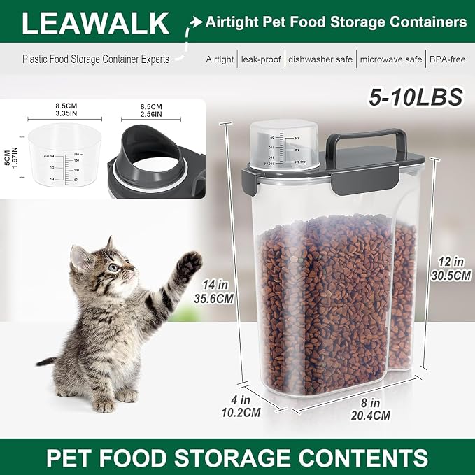 LEAWALK 5Lbs Airtight Cat Dog Food Storage Container with Upgraded Large Nozzle BPA-Free, Pet Food Storage Containers for Rice, Grain, Pet Food, Flour, Dog Treat Storage (Black×2, 5L-2pack)