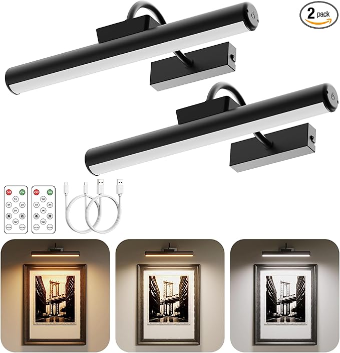 13" Aluminum Wireless Picture Lights for Wall, 5000mAh Rechargeable Battery Operated Wall Art Lighting, Dimmable 3-Color Gallery Painting Light for Pictures On Wall, with Remote/Timer [Black, 2Pack]