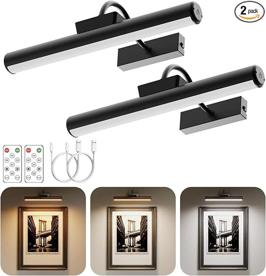 13" Aluminum Wireless Picture Lights for Wall, 5000mAh Rechargeable Battery Operated Wall Art Lighting, Dimmable 3-Color Gallery Painting Light for Pictures On Wall, with Remote/Timer [Black, 2Pack]