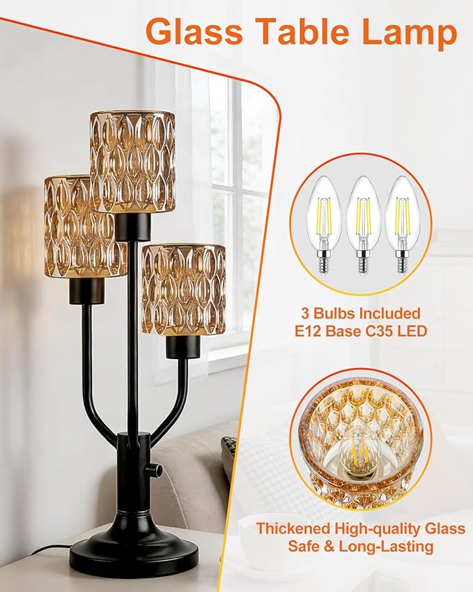 Mid Century Modern Table Lamp for Living Room Dimmable Nightstand Lamp Vintage Black Desk Lamp with Brown Glass 3 Bulbs Included Warmwhite Ambient Bedside Lamps for Bedroom Office Home Decor