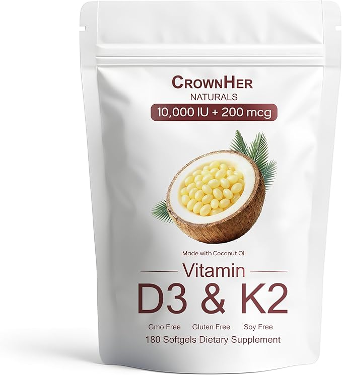 Crown Her Naturals D3 K2, Real Good Essentials Vitamin d3 k2 10000 IU+ K2 200 mcg MK-7, Coconut Oil, Extra Strength, Bone & Immune Support, 180 Softgels