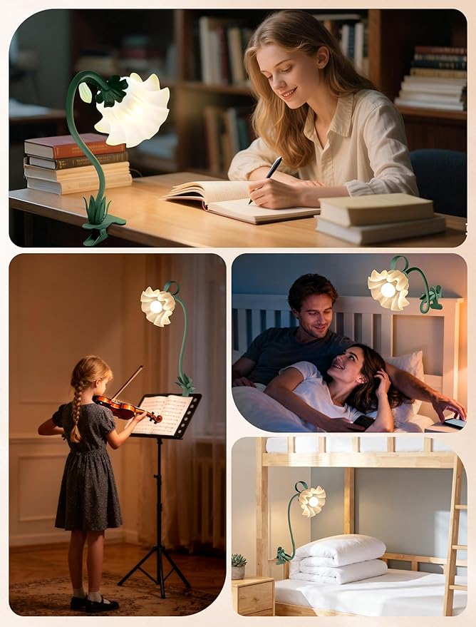 Clip On Light and Flower Desk Lamp, Flexible Gooseneck Reading Book Light with 3 Color Modes Cute Table Lamp Decor, Clip on Bedside Lamp for Bed Headboard,Table, Nursery,Dorm (Green-02)