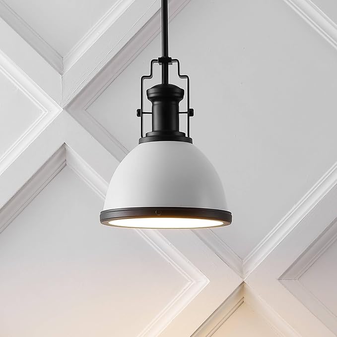 JONATHAN Y 10" Matte Black/White Modern Industrial Iron LED Dome Pendant Light, Adjustable Hanging Fixture for Kitchen Island or Entryway, White Metal Shade, LED Bulb Included (JYL9535E)