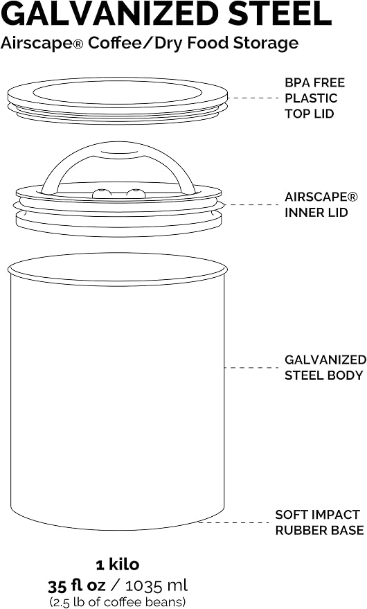 AirScape Planetary Design Kilo Coffee Storage Canister - US Patented Inner Plunger Lid Removes Excess Oxygen - DON'T buy airtight, BUY AIR-LESS - Holds 2.2 lbs Coffee Beans - (Matte White)