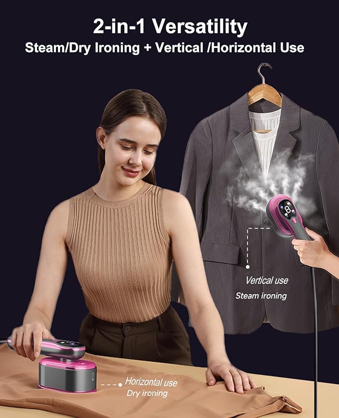 2-in-1 Steamer & Iron for Clothes, Portable Handheld Garment Steamer with LED Display, Large Ceramic Panel Travel Clothes Steamer Iron, 10s Fast Heat-Up All-Fabric Remove Wrinkle (Purple)