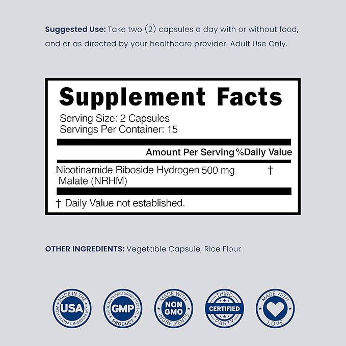 Nicotinamide Riboside 500mg (30 Gélules) Complément NAD - Complément NR pour Femmes et Hommes pour Soutenir les Niveaux de NAD+ - Booster de NAD - Testé par un Tiers - Végétalien, Sans OGM et Fabriqué aux États-Unis (30 Gélules)