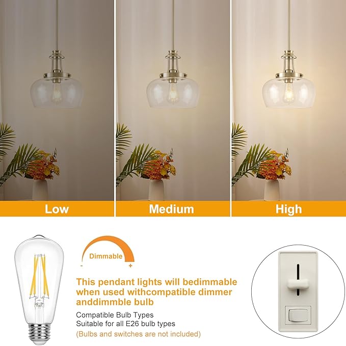 Modern Pendant Lights Kitchen Island, Brushed Nickel Pendant Light Fixtures with 10" Clear Glass Shade, Industrial Hanging Pendant Lights Fixture for Kitchen Island Dining Room Bedroom Foyer Entryway